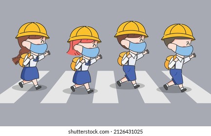 Hand drawn cute elementary school japanese children crossing the crosswalk.