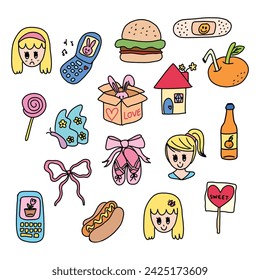 Hand drawn cute elements of cartoon, flip phone, ballerina shoes, orange juice, burger, hotdog, candy, home, butterfly, ribbon, parcel box with bunny for decoration, logo, sticker, tattoo, print, toy