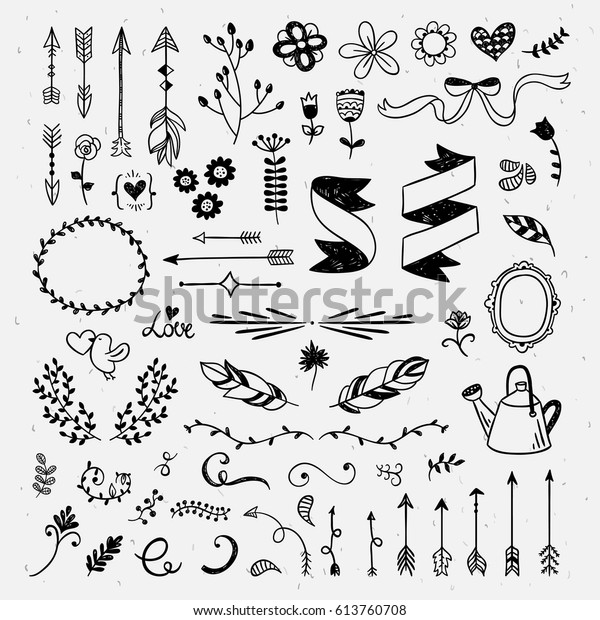 Hand drawn cute hand drawn elements.\
Hipster wedding card design: flowers, wreaths, ribbons and feather\
vintage vector\
illustrations