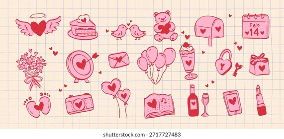 Elementos lindos dibujados a mano para el día de San Valentín. Pegatinas sobre el amor en el fondo de papel a cuadros azul decorado con arcos caprichosos, corazón, corazones, pastel, oso, calendario, teléfono. Ilustración vectorial.