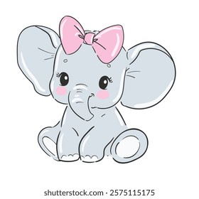 Hand Drawn cute elephant with bow vector illustration