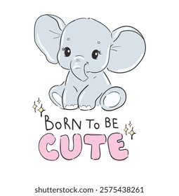 Hand Drawn cute elephant with bow vector illustration Kids print 