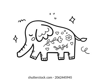 Hand drawn cute elephant. Cartoon animal in doodle sketch style. Vector linear illustration.