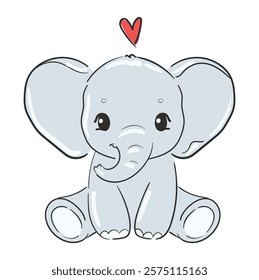 Hand Drawn cute elephant and red heart vector illustration