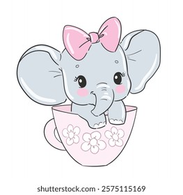 Hand Drawn cute elephant is sitting in a cup vector illustration