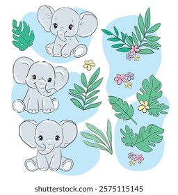 Hand Drawn Cute elephant with tropical leaves vector illustration