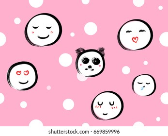 Hand drawn cute emoticons and white dots on pastel pink background. Smiley faces and panda bear. EPS10 vector illustration for wallpaper, backdrop, fashion design, paper gift, textures, fabric etc.