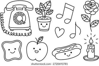 Hand Drawn Cute Everyday Doodle Icons Set with Phone Plant Music Food Candle and Heart Line Art Illustration