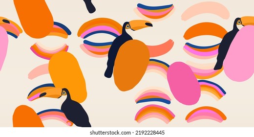 Hand drawn cute exotic pattern with toucans. Dynamic abstract colorful shapes. Fashionable template for design. Modern cartoon style. 