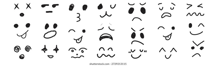 Hand Drawn Cute Facial Expression Doodle Set in Black and White