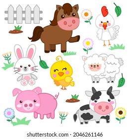 Hand drawn Cute farm animals vectors for kids set 