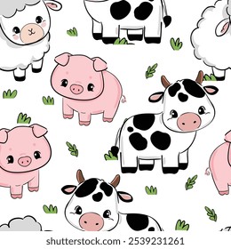 Hand drawn cute farm animals  background seamless pattern vector illustration