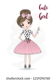 Hand drawn cute fashion cartoon girl. Vector illustration.