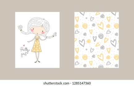 Hand drawn cute fashion cartoon girl and hearts background. Vector illustration.