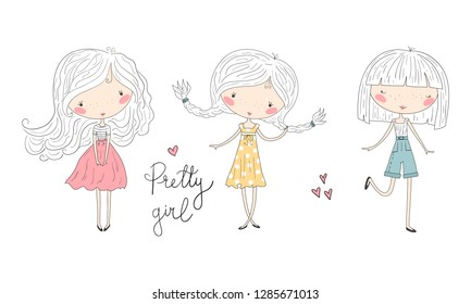 Hand drawn cute fashion cartoon girl. Vector illustration.