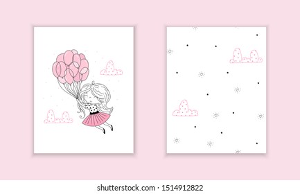 Hand drawn cute fashion cartoon girl and hearts background. Vector illustration. Cute little girl in pink flying away in the sky with her pink balloon