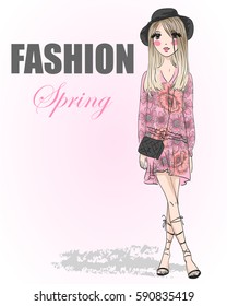 Hand drawn cute fashion cartoon springtime girl. Vector illustration.