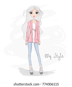Hand drawn cute fashion cartoon girl. Vector illustration