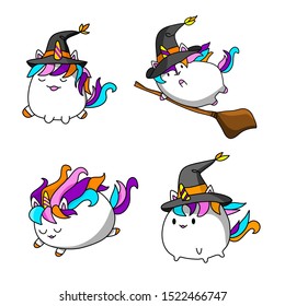 Hand Drawn Cute Fat Unicorn with Witch Hat Costume Set on White Background. Halloween Concept. Flat Cartoon Vector Illustration.