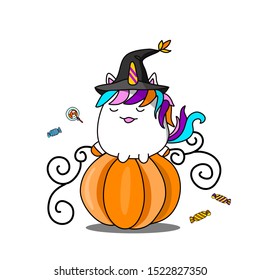 Hand Drawn Cute Fat Unicorn with Witch Hat Costume Sitting on Big Pumpkin on White Background. Halloween Concept. Flat Kawaii Cartoon Vector Illustration.