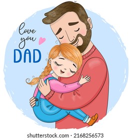 Hand drawn cute father and daughter girls. Happy Fathers Day. Vector illustration.
