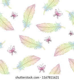 Hand drawn cute feather and butterflies seamless pattern. Vector illustration.