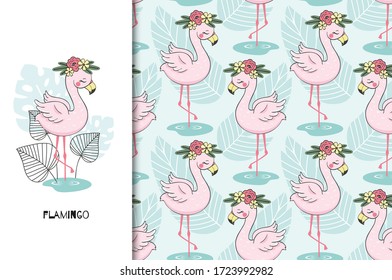 Hand drawn cute flamingo bird character. Poster and seamless pattern set. Cartoon style textile design illustration.