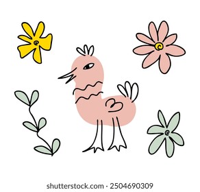 Hand drawn cute flamingo bird walking in flowers. Animal cartoon vector character. Perfect doodle print for tee, poster, card, sticker.


