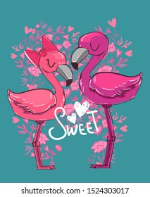 Hand drawn cute flamingo couple. Card for valentines day. Vector cartoon character.