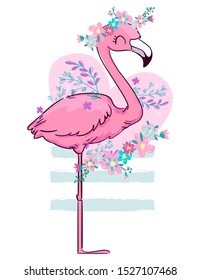 Hand Drawn Cute Flamingo and heart Vector Illustration. Summer Print Design.