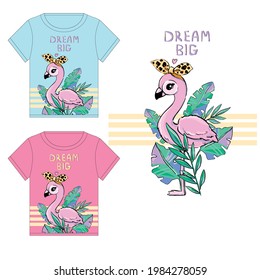 Hand drawn Cute Flamingo with leopard bow with tropical leaves Summer print vector illustration Summer Time letters. Print for childrens T-shirts. Sketch Pink and Blue T-shirt 