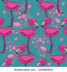 Hand drawn cute flamingo pattern seamless. Vector illustration. Design print for textile and paper.