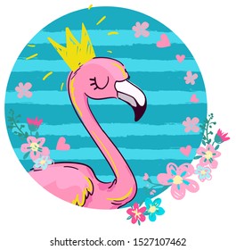 Hand Drawn Cute Flamingo Princess. Vector Illustration. Print on t-shirt.