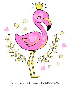 Hand Drawn Cute Flamingo Princess. Vector Illustration. Summer Print Design, children print on t-shirt