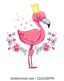 Hand Drawn Cute Flamingo Vector Illustration. Summer Print Design, children print on t-shirt