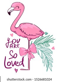 Hand Drawn Cute Flamingo. Vector Illustration. Children print on t-shirt