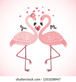 Hand drawn cute flamingos falling in love. Cartoon tropical bird. Valentines day card. Design element for poster, banner, t-shirt print and other. Vector illustration.