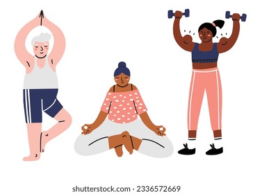 Hand dibujó lindos estilos de doodle planos, gente haciendo yoga, meditando y levantando pesas. Ilustración vectorial aislada