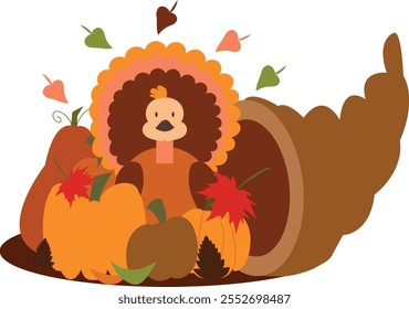 Hand drawn cute flat turkey pumpkin cornucopia pinecone leaves. Thanksgiving day greeting card. Stock vector illustration