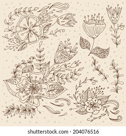 Hand drawn cute floral bouquets. Outline flowers made in vector. Beautiful invitation bouquets. Illustration vector.