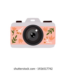 Handgezeichnete, süße Blumenkamera mit trockenen Blumen Symbol, flache Vektorgrafik