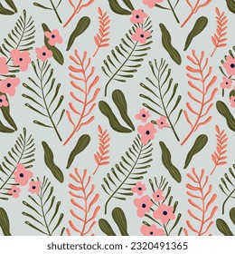 Hand drawn cute floral and leaves pattern