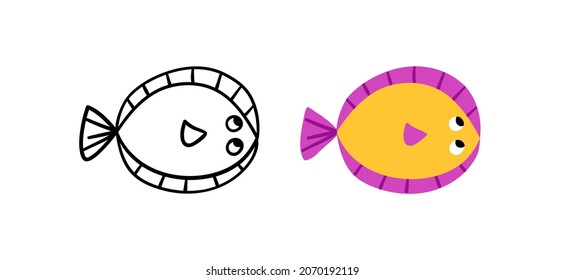 Hand drawn cute flounder fish. Ocean life. Vector illustration.
