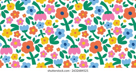 Hand drawn cute flower seamless pattern background vector. Colorful botanical wallpaper with flower, foliage. Design for prints, cover, fabric, packaging, wall art, home decor, kids.