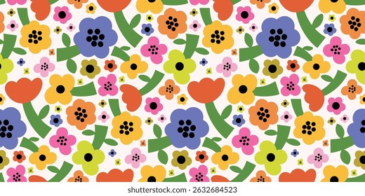Hand drawn cute flower seamless pattern background vector. Colorful botanical wallpaper with flower, foliage. Design for prints, cover, fabric, packaging, wall art, home decor, kids.