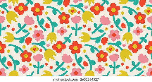 Hand drawn cute flower seamless pattern background vector. Colorful botanical wallpaper with flower, foliage. Design for prints, cover, fabric, packaging, wall art, home decor, kids.