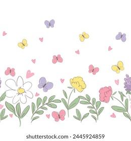 Hand Drawn cute Flowers background print for textile. The drawn flowers beautiful illustration for the fabric. Design ornament pattern seamless. Vector