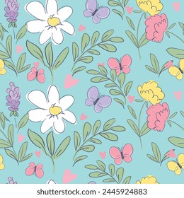 Hand Drawn cute Flowers background print for textile. The drawn flowers beautiful illustration for the fabric. Design ornament pattern seamless. Vector