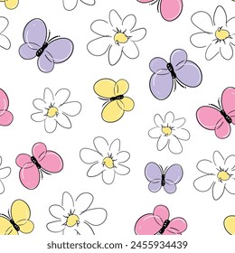 Hand Drawn cute Flowers and Butterfly background print for textile. The drawn flowers beautiful illustration for the fabric. Design ornament pattern seamless. Vector