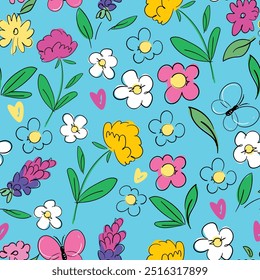 Hand Drawn cute Flowers and Butterfly background print for textile. The drawn flowers beautiful illustration for the fabric. Design ornament pattern seamless. Vector